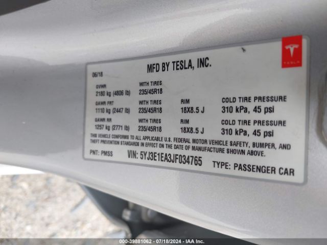 5YJ3E1EA3JF034765 Tesla Model 3 Long Range/mid Range