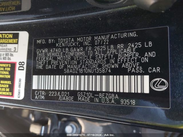 58ADZ1B10NU135874 Lexus ES 350