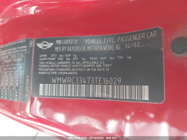 2003 MINI COOPER WMWRC33473TE16029 Photo 8