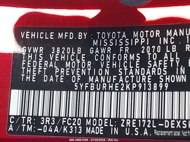 Toyota COROLLA SE 2019 5YFBURHE2KP913899 Image 9