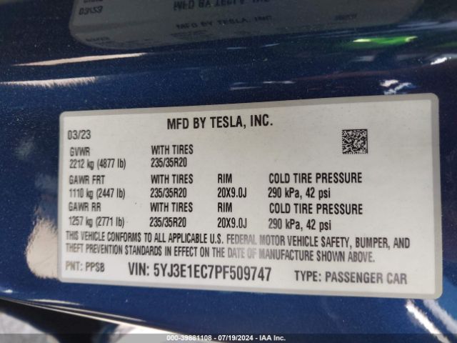 5YJ3E1EC7PF509747 Tesla Model 3 Performance Dual Motor All-wheel Drive