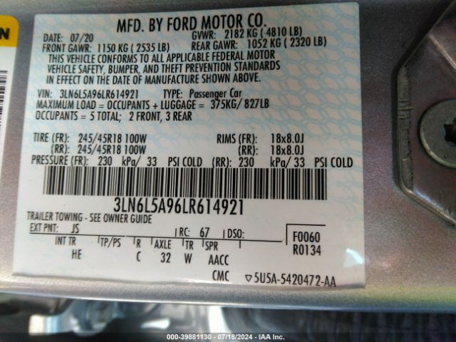 3LN6L5A96LR614921 Lincoln Mkz Standard