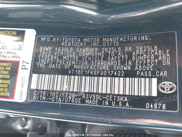 Toyota CAMRY SE 2015 4T1BF1FK6FU017422 Image 9