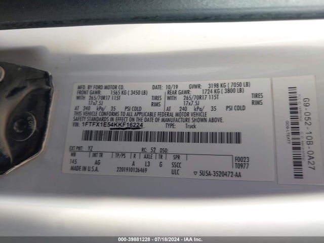 Ford F-150 Xl 2019 1FTFX1E54KKF16224 Image 9