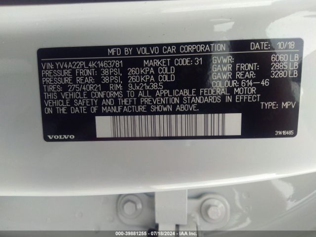 YV4A22PL4K1463781 Volvo Xc90 T6 Inscription