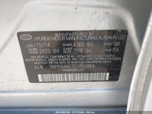 5NPEB4AC2EH880984 Hyundai SONATA GLS