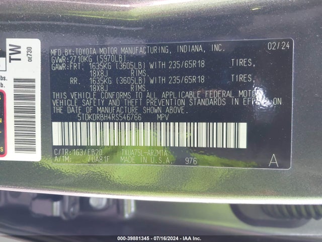 Toyota Highlander Xle 2024 5TDKDRBH4RS546766 Image 9