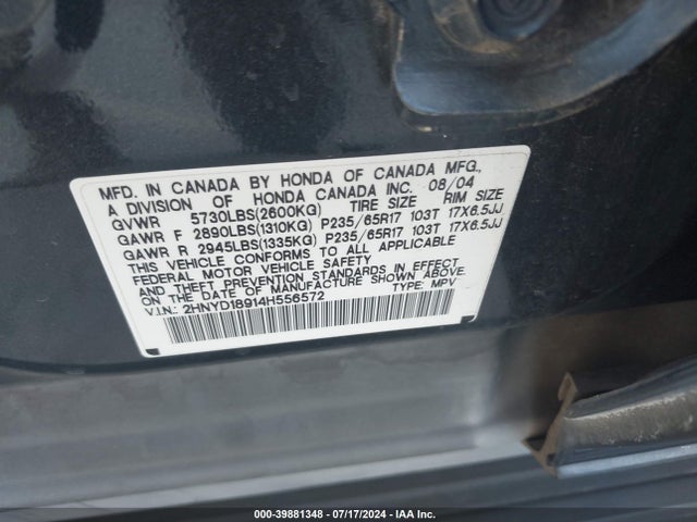39881348 :رقم المزاد ، 2HNYD18914H556572 vin ، 2004 Acura Mdx مزاد بيع