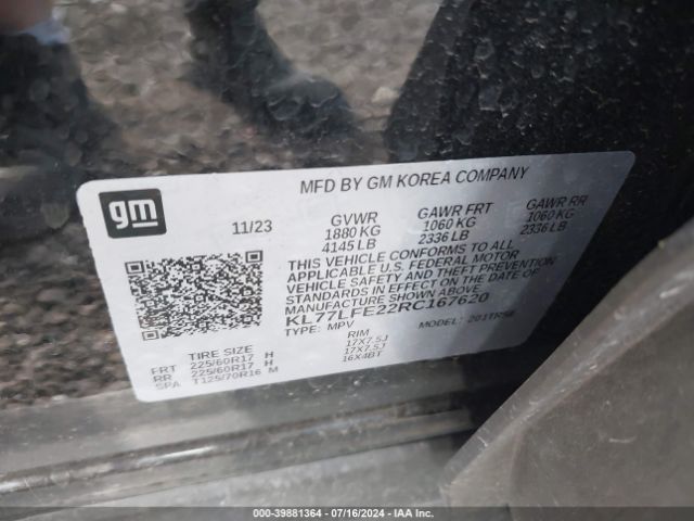 KL77LFE22RC167620 Chevrolet Trax Fwd Sp