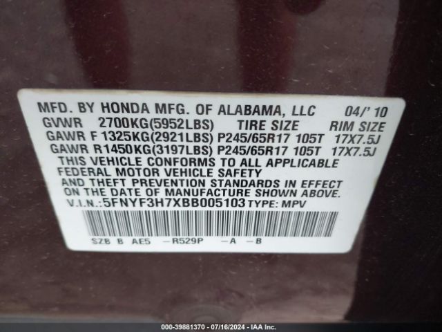 2011 HONDA PILOT 5FNYF3H7XBB005103 Photo 8