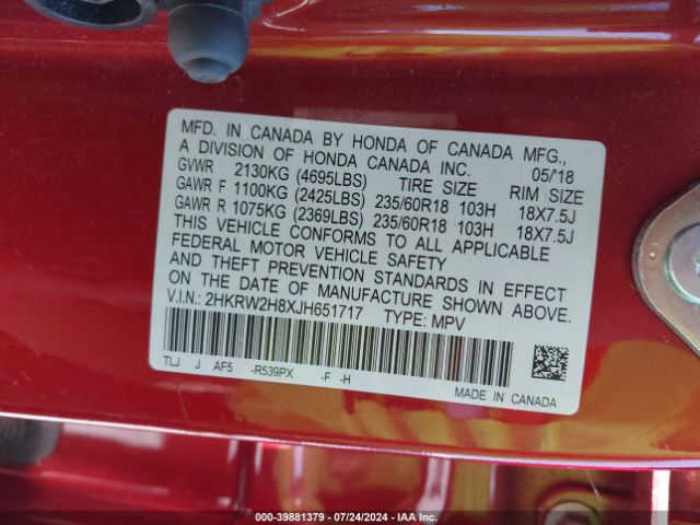 2HKRW2H8XJH651717 Honda Cr-v Ex-l/ex-l Navi