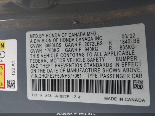 2HGFE2F50NH577061 Honda Civic Sport