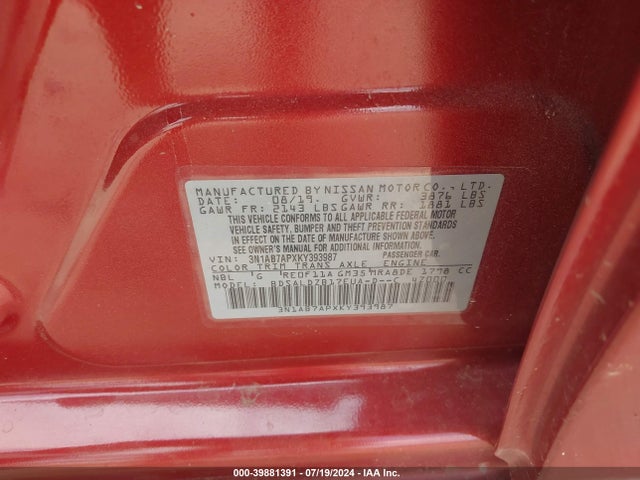 Nissan SENTRA SV 2019 3N1AB7APXKY393987 Image 9