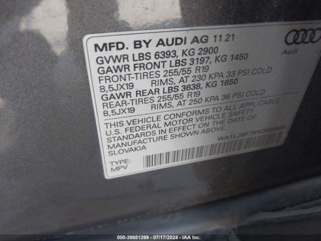 WA1LJBF79ND005685 Audi Q7 Premium Plus 45 Tfsi Quattro Tiptronic