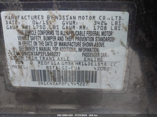 3N1CN7AP2FL949227 Nissan Versa 1.6 Sl