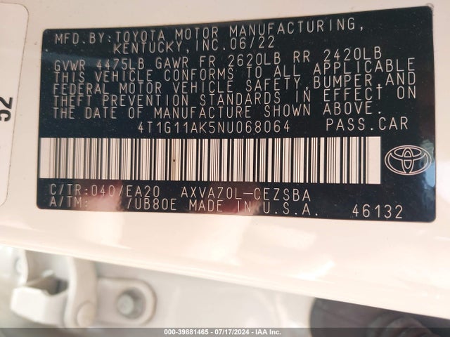 Toyota CAMRY SE 2022 4T1G11AK5NU068064 Image 9
