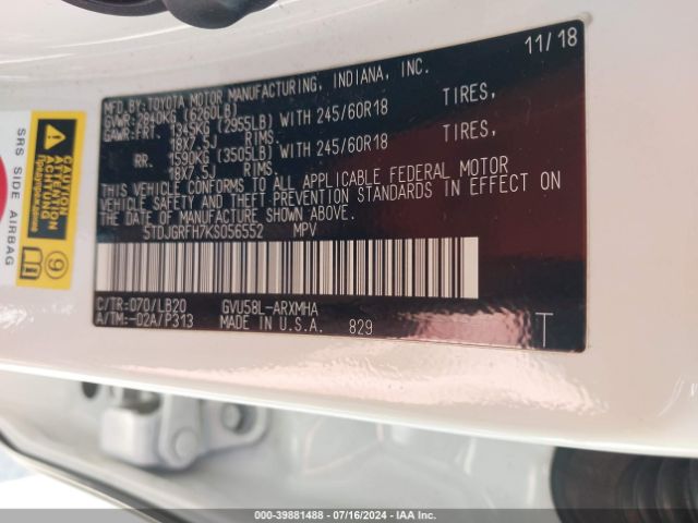 5TDJGRFH7KS056552 Toyota Highlander Hybrid Xle