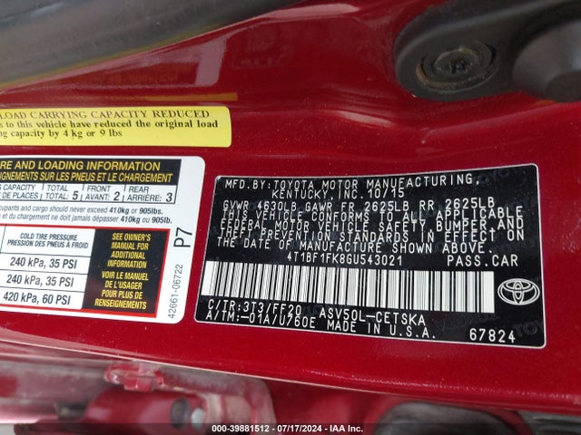 Toyota CAMRY SE 2016 4T1BF1FK8GU543021 Image 9