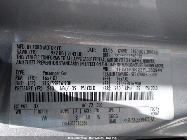 Ford FOCUS SE 2015 1FADP3K22FL282944 Image 9