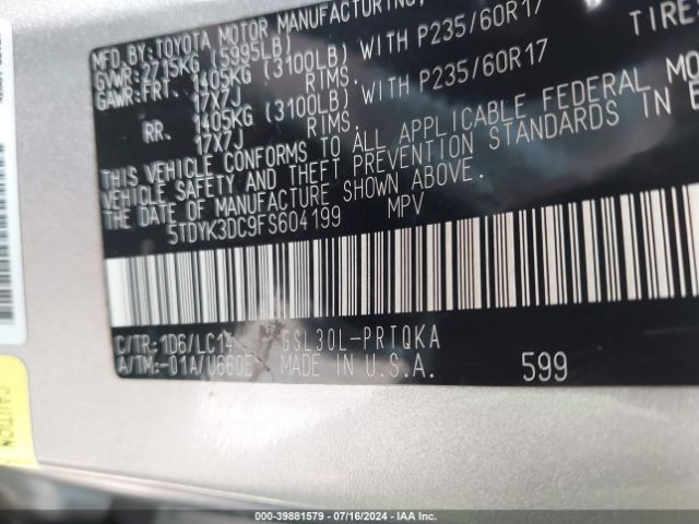 5TDYK3DC9FS604199 Toyota Sienna Xle 8 Passenger