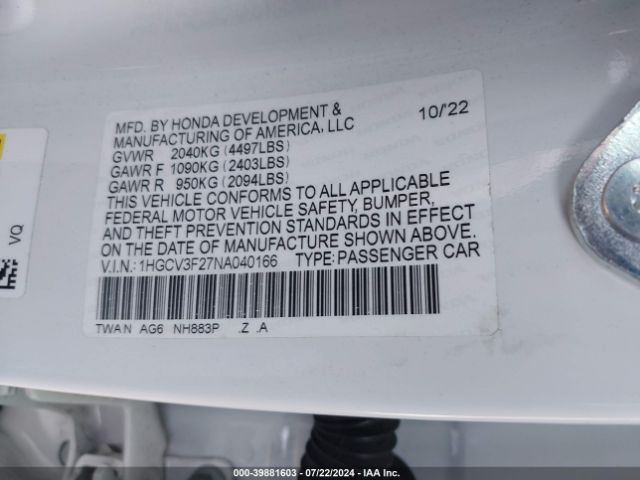 1HGCV3F27NA040166 Honda Accord Hybrid Sport