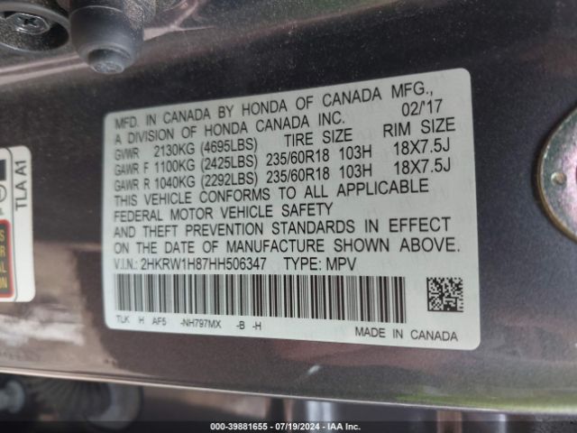 2HKRW1H87HH506347 Honda Cr-v Ex-l/ex-l Navi