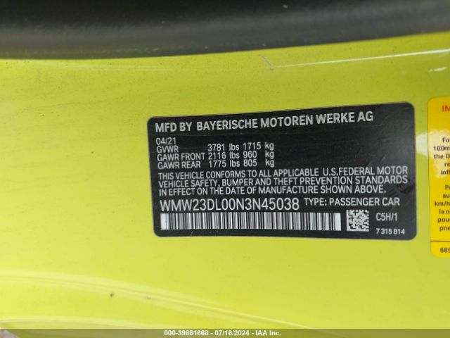 WMW23DL00N3N45038 Mini Convertible Cooper