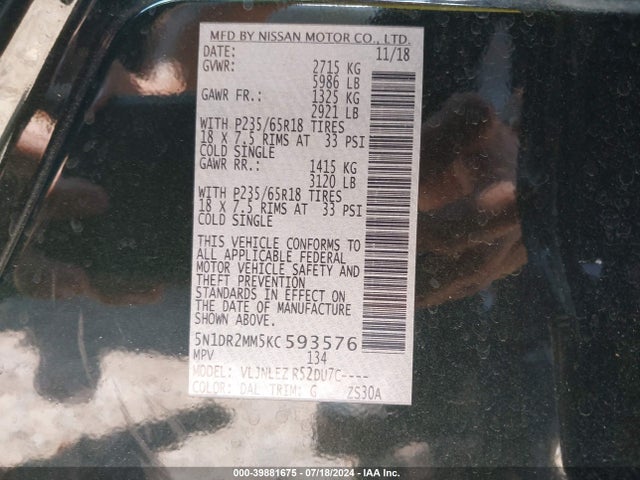 Nissan Pathfinder Sv 2019 5N1DR2MM5KC593576 Image 9
