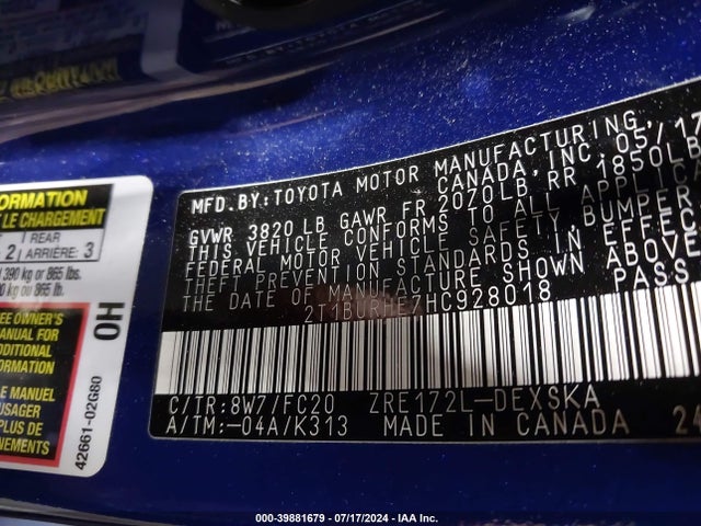 2T1BURHE7HC928018 Toyota COROLLA SE