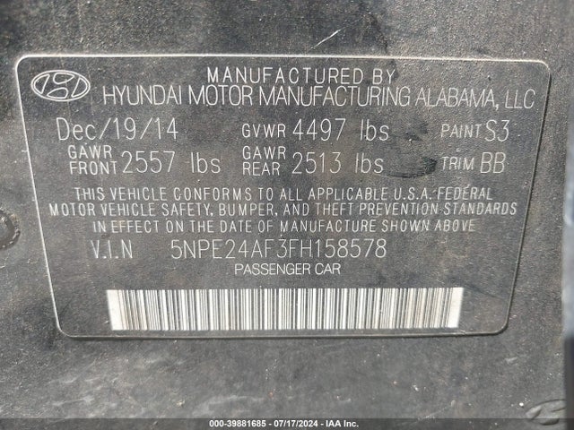 Hyundai SONATA SE 2015 5NPE24AF3FH158578 Image 9