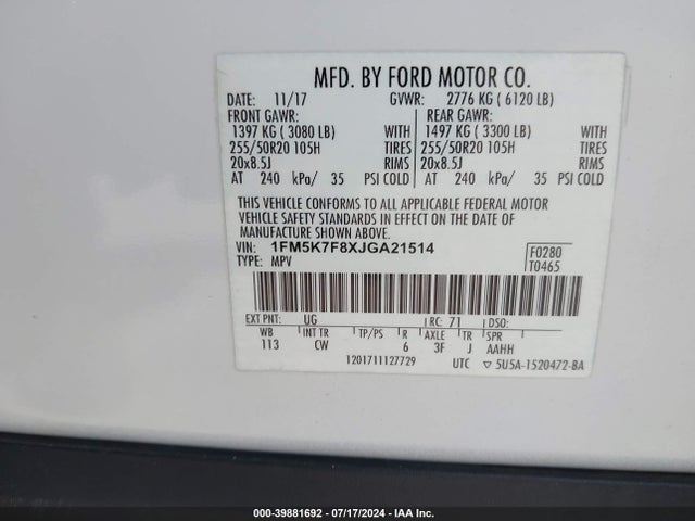 Ford Explorer Limited 2018 1FM5K7F8XJGA21514 Image 9