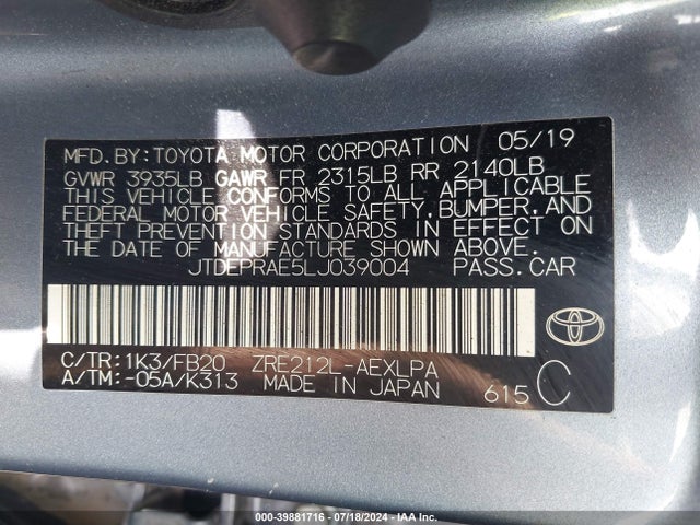 Toyota COROLLA LE 2020 JTDEPRAE5LJ039004 Image 9