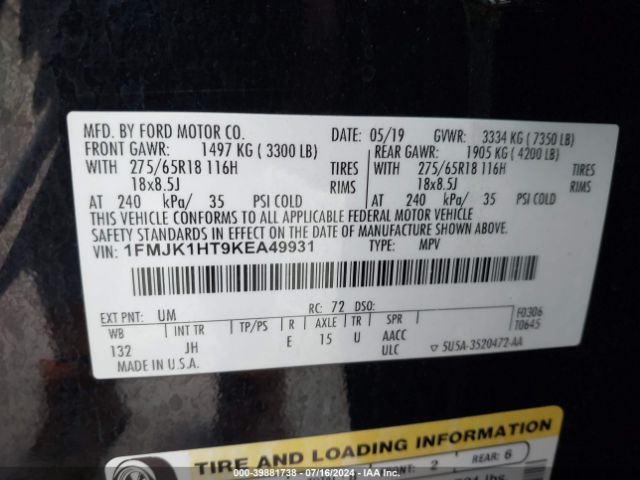 1FMJK1HT9KEA49931 Ford Expedition Max Xlt