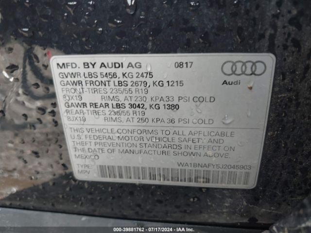 WA1BNAFY5J2045903 Audi Q5 2.0t Premium/2.0t Tech Premium