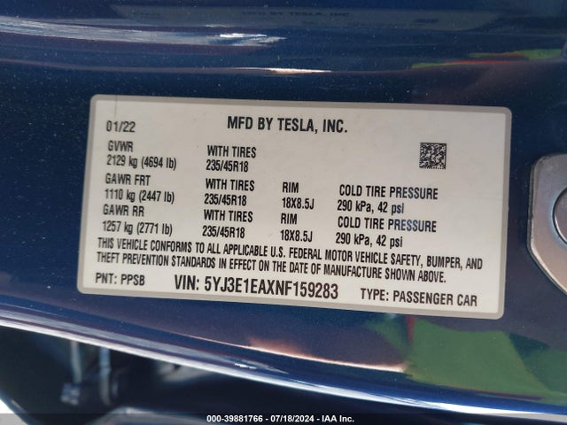 Tesla Model 3 Rear-wheel Drive 2022 5YJ3E1EAXNF159283 Image 9