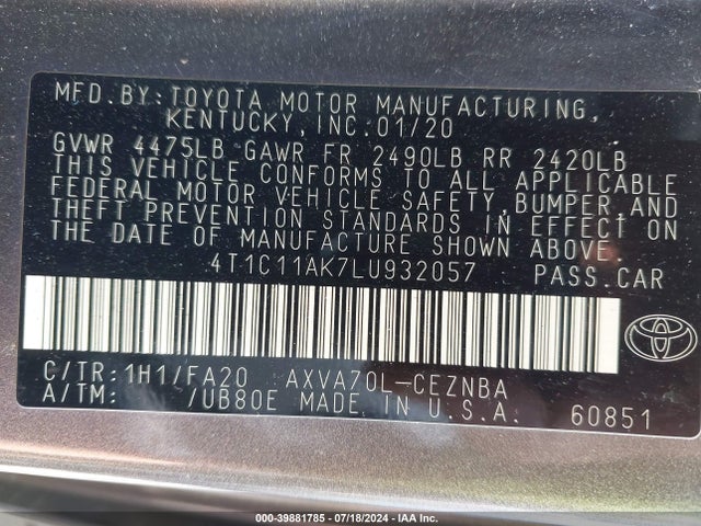 Toyota CAMRY LE 2020 4T1C11AK7LU932057 Image 9