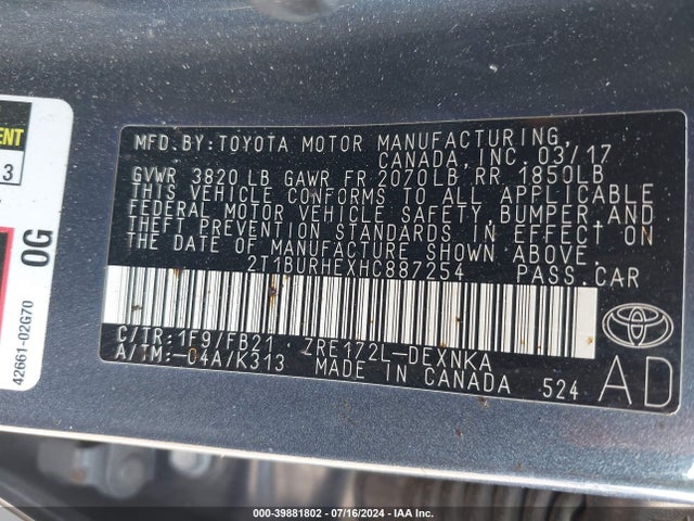 Toyota COROLLA LE 2017 2T1BURHEXHC887254 Image 9