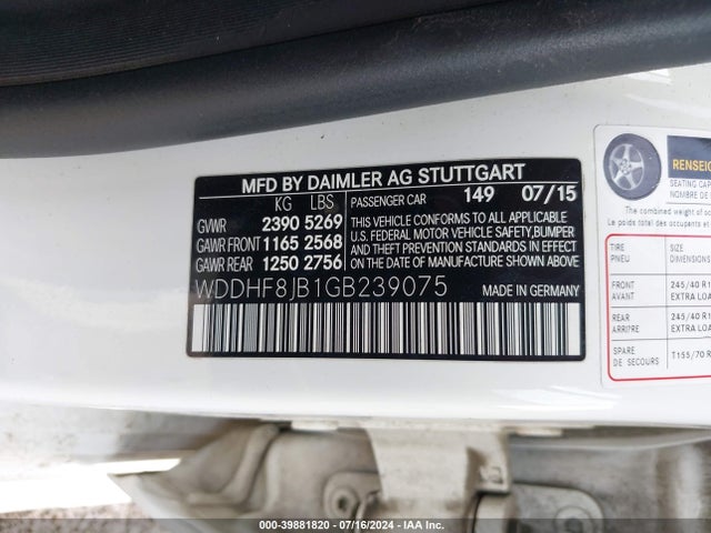 Aukcja sprzedaży 2016 Mercedes-benz E 350 4matic, vin: WDDHF8JB1GB239075, numer aukcji: 39881820