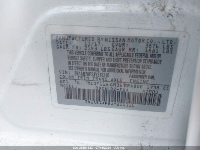 3N1AB7AP2JY216316 Nissan SENTRA S