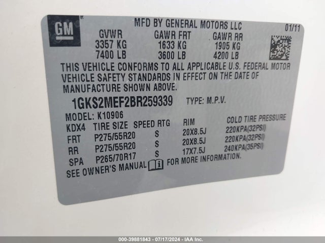 39881843 :رقم المزاد ، 1GKS2MEF2BR259339 vin ، 2011 Gmc Yukon Xl 1500 Denali مزاد بيع