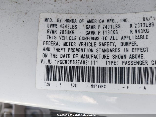 Honda Accord Ex-l V-6 2014 1HGCR3F82EA031111 Image 9