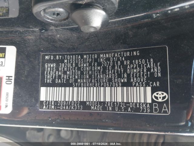 5YFBURHE8EP067069 Toyota Corolla S Plus