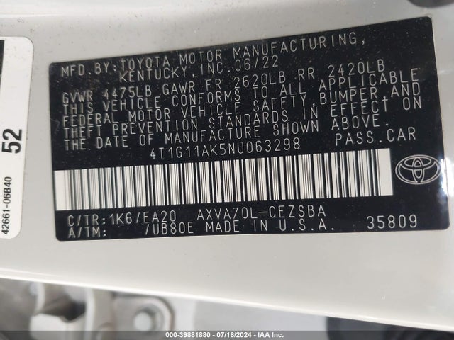 Toyota CAMRY SE 2022 4T1G11AK5NU063298 Image 9