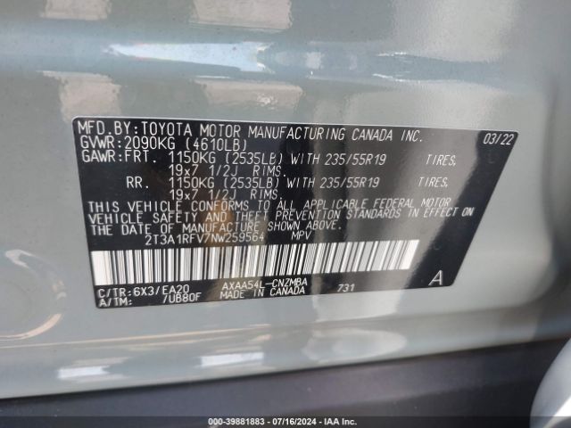 2T3A1RFV7NW259564 Toyota Rav4 Xle Premium