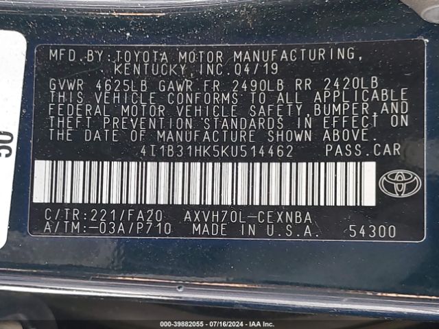 4T1B31HK5KU514462 Toyota Camry Hybrid Le