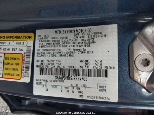 3FA6P0HD5JR259703 Ford FUSION SE