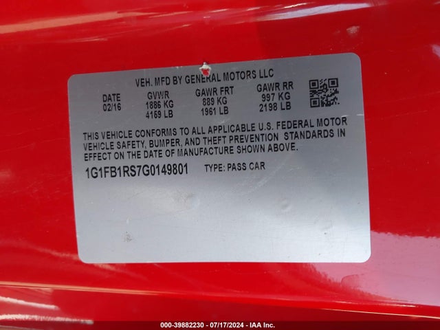 Chevrolet Camaro 1lt 2016 1G1FB1RS7G0149801 Image 9