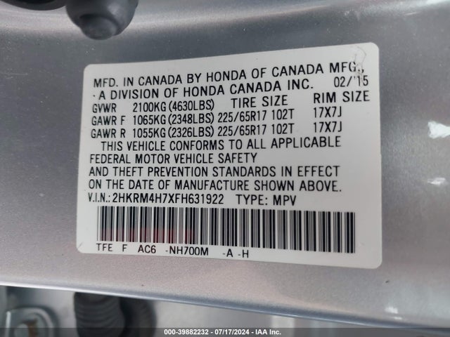 Honda Cr-v Ex-l 2015 2HKRM4H7XFH631922 Image 9