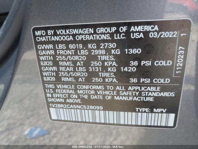 1V2BR2CA5NC528099 Volkswagen Atlas 3.6l V6 Sel