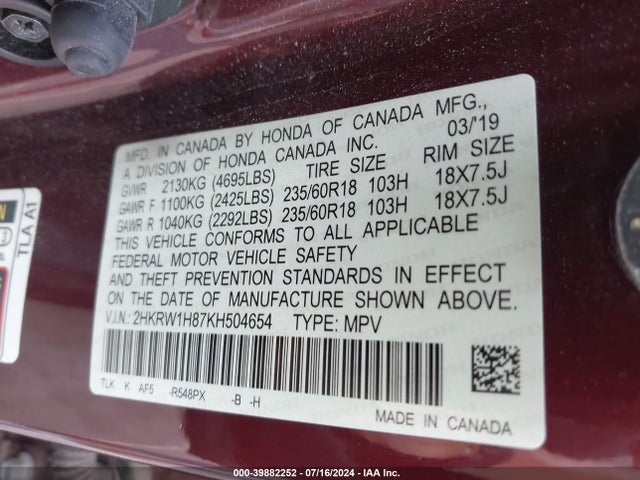 Honda Cr-v Ex-l 2019 2HKRW1H87KH504654 Image 9